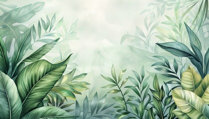 Watercolor tropical jungle with lush greenery
