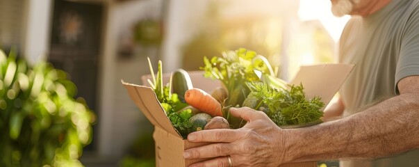 Obraz premium A delighted customer receiving a box of fresh organic produce from a delivery person at their doorstep