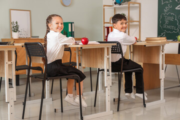 Little schoolchildren with apples sitting at desks in classroom