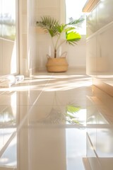 A sparkling clean bathroom with gleaming tiles, eco-friendly cleaning supplies, and a fresh, airy atmosphere, highlighting the results of sustainable home cleaning services