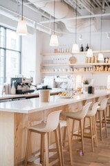 A stylish co-working space featuring a communal kitchen with coffee machines