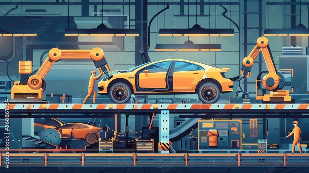 Poster a dynamic illustration depicting a modern car assembly line where robots and workers collaborate to 
