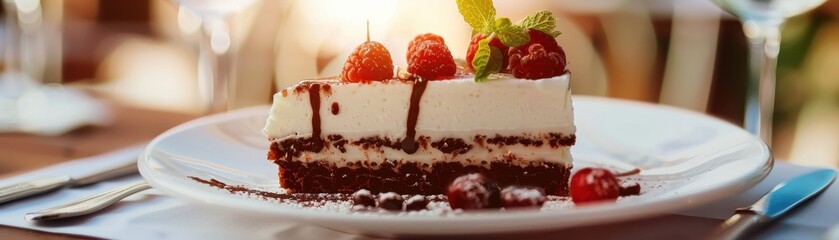 Dessert close up, focus on, copy space, delicate presentation, double exposure silhouette with elegant cafe