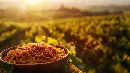 Pasta bowl close up, focus on, copy space, rich sauce, double exposure silhouette with vineyard...