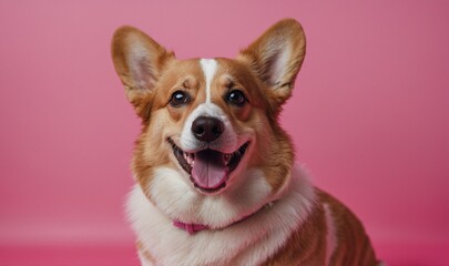Corgi dog posing against a pink background, with ears up
