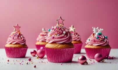 Set of decorated pink cupcakes with stars on top
