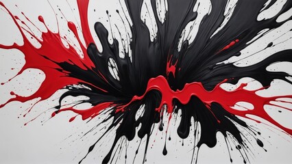 Black and red paint on the walls, a painting with abstract swirls and brush strokes on a white background