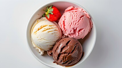 Top view ice creams scoops that various flavor in white bowl isolated on background,, Bowl of various colorful ice cream