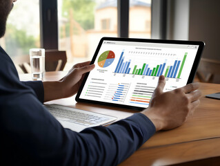 Financial data document, graph chart report statistic, marketing research development planning management, strategy analysis accounting, Financial business technology hologram concept. 