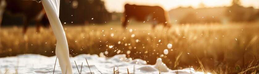 Milk pouring close up, focus on, copy space, smooth flow, double exposure silhouette with barn