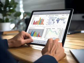 Financial data document, graph chart report statistic, marketing research development planning management, strategy analysis accounting, Financial business technology hologram concept. 