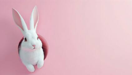 Obraz premium A cute white rabbit peeks out of a hole against a pastel pink background. Perfect for Easter themes and spring celebrations.