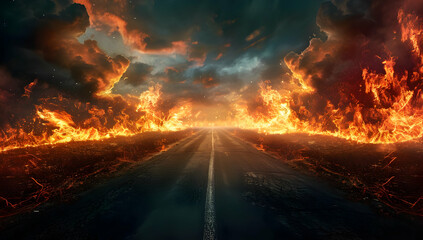 A dramatic scene of a road surrounded by intense fire and smoke, creating a sense of apocalypse or disaster.