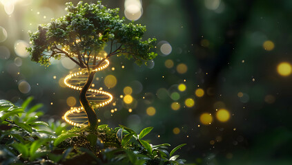 A mesmerizing small tree illuminated by glowing fairy lights in a lush forest setting, exuding a magical and enchanting aura.