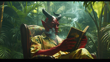 A red devil with horns reading a book and smoking in an armchair surrounded by lush green plants in a tropical jungle setting.