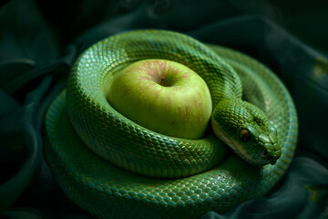 A vibrant green snake coiled around a fresh apple, symbolizing temptation and nature in a dark, mysterious setting.