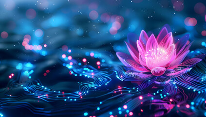A vibrant lotus flower floating on a serene, illuminated water surface, capturing tranquility and beauty in an enchanting night scene.
