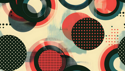 Abstract geometric pattern with colorful overlapping circles and dots in teal, red, and black on a beige background.