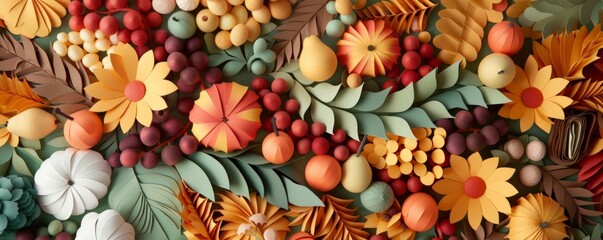 A papercut landscape depicting a harvest festival, a cornucopia overflowing with autumn fruits and vegetables, crafted from textured paper