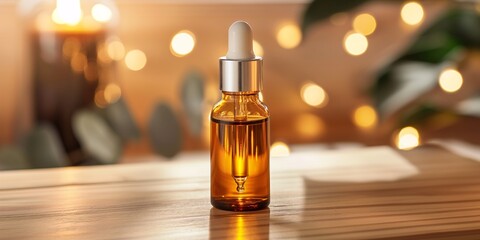 Naklejka premium An amber serum bottle on a wooden surface