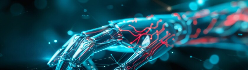 Obraz premium A close-up of a bionic arm with glowing neon veins and intricate mechanics, enhancing a person's physical capabilities