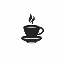 Obraz premium Black and white illustration of a steaming coffee cup with saucer isolated on a white background. Perfect for coffee shop logos and designs.