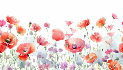 Obraz premium Beautiful watercolor painting of vibrant spring flowers in a field with colorful poppies and delicate blossoms on a white background.
