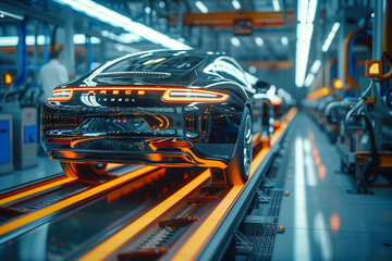 Obraz premium Futuristic electric car production factory with automated robotics