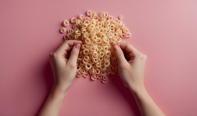 Obraz premium Hands holding spiral shaped pasta with pink background