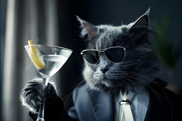 Cool cat in sunglasses and suit holding martini glass. Stylish feline dressed up, exuding sophistication and class.