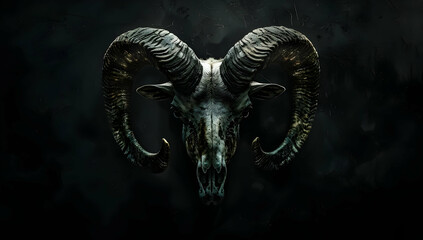Dark and moody ram skull with impressive horns, perfect for gothic, macabre, and wildlife themes. High contrast, dramatic lighting.