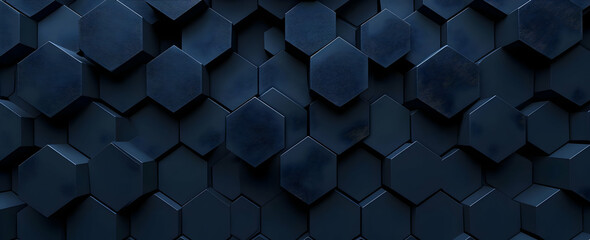Dark blue hexagonal pattern background. Geometric shapes creating a modern, abstract, and textured design perfect for various digital projects.