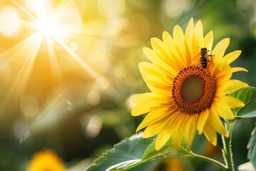 Naklejka premium A macro photo of a bee pollinating a vibrant sunflower in a field, emphasizing the delicate balance of nature in agriculture