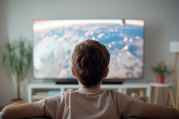 Fototapeta premium A child engrossed in a show on a large screen television in a cozy living room.