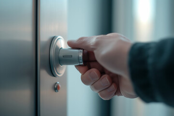 Naklejka premium A hand gripping and turning a modern, sleek door handle.