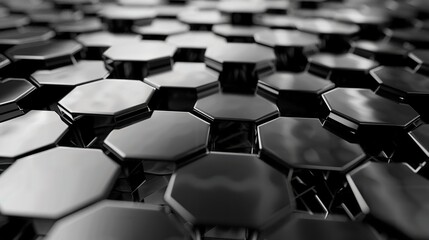 Fototapeta premium Close-up of a modern black hexagonal pattern with a shiny, reflective surface creating a sleek geometric design and futuristic texture.