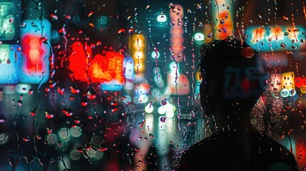 Obraz premium Neon streets focus on, copy space, bustling scene, double exposure silhouette with soda splash