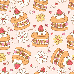 Seamless pattern of strawberry cake cartoon is delicious. And groovy flowers. It cute feminine. Pattern for fabric and wrapping paper, Pattern for design wallpaper and fashion prints.
