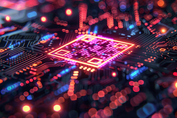 Digital QR code with glowing data stream on circuit board