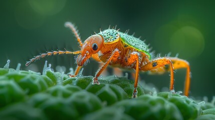 Naklejka premium Close-Up of a Green and Orange Beetle on a Leaf
