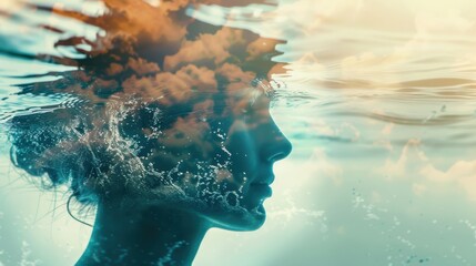 Flowing river focus on, copy space, natural beauty, double exposure silhouette with water splash