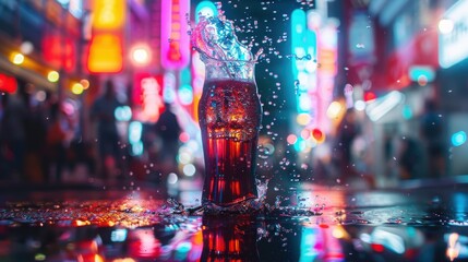 Fototapeta premium Neon streets focus on, copy space, bustling scene, double exposure silhouette with soda splash