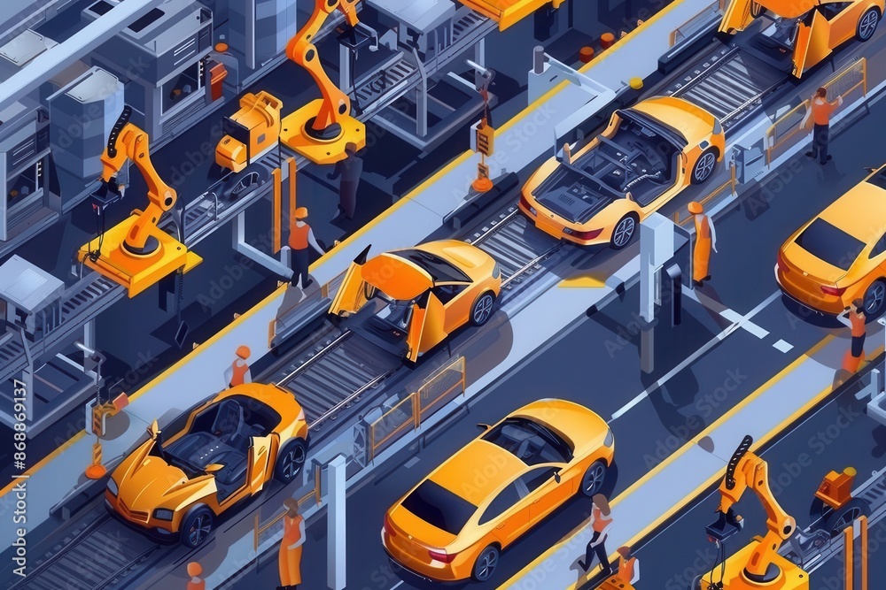 Aufkleber illustration of workers and robots on a modern car assembly line showcasing technological advancemen