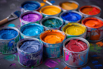 Open paint cans in various bright colors with brushes