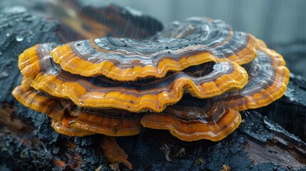 Obraz premium Rain-Soaked Bracket Fungus on a Wet Log