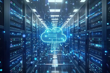 A computer server room with a large blue cloud symbol on the wall