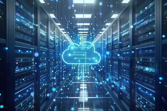 A computer server room with a large blue cloud symbol on the wall
