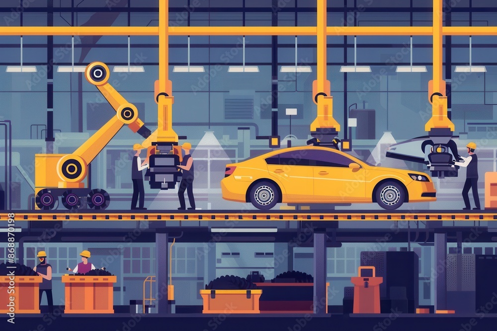 Poster a vibrant illustration depicting a car assembly line with workers and robotic arms collaborating to 