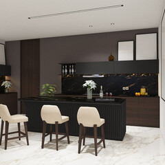 3d render of luxury loft interior design kitchen with frame mock up. White marble floor, white wall and white ceiling. Set 12