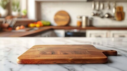 Cutting board on marble table with blurry kitchen background
